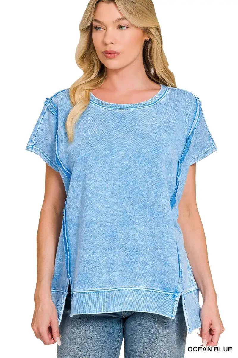 French Terry Halo Snow Washed Oversized Hi Low Crew Neck Top — Parfymia