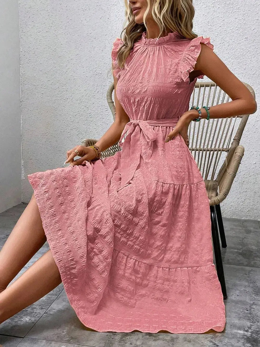 Tied Ruffled Cap Sleeve Midi Dress Trendsi