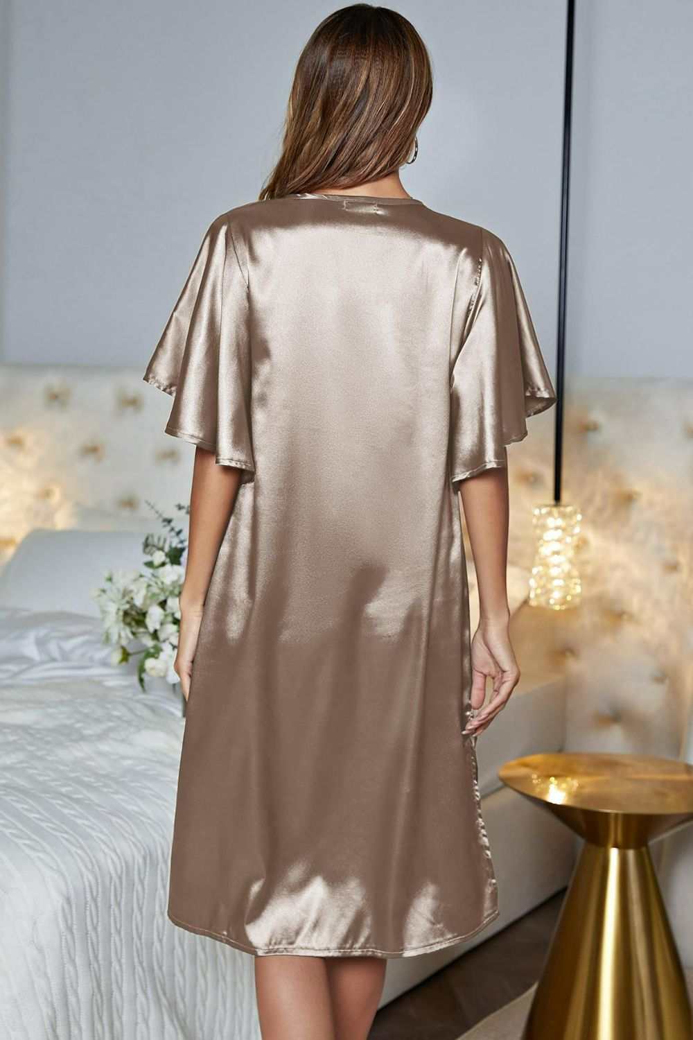 Women's Satin V-Neck Night Dress with Flutter Sleeves
