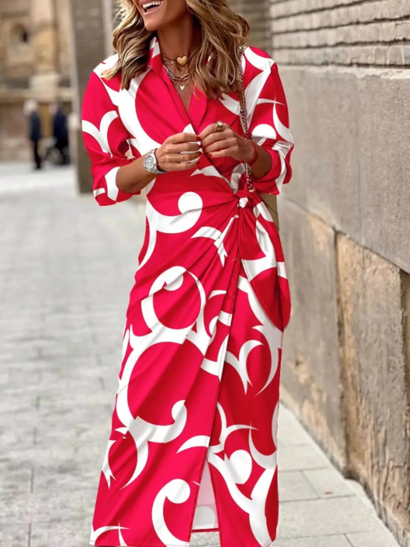 Printed Collared Neck Shirt Dress Trendsi