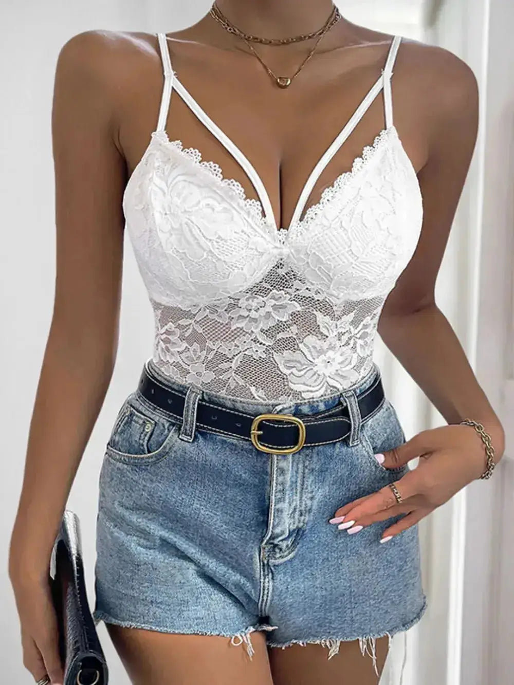 Perfee Spaghetti Strap Lace Bodysuit by Parfymia