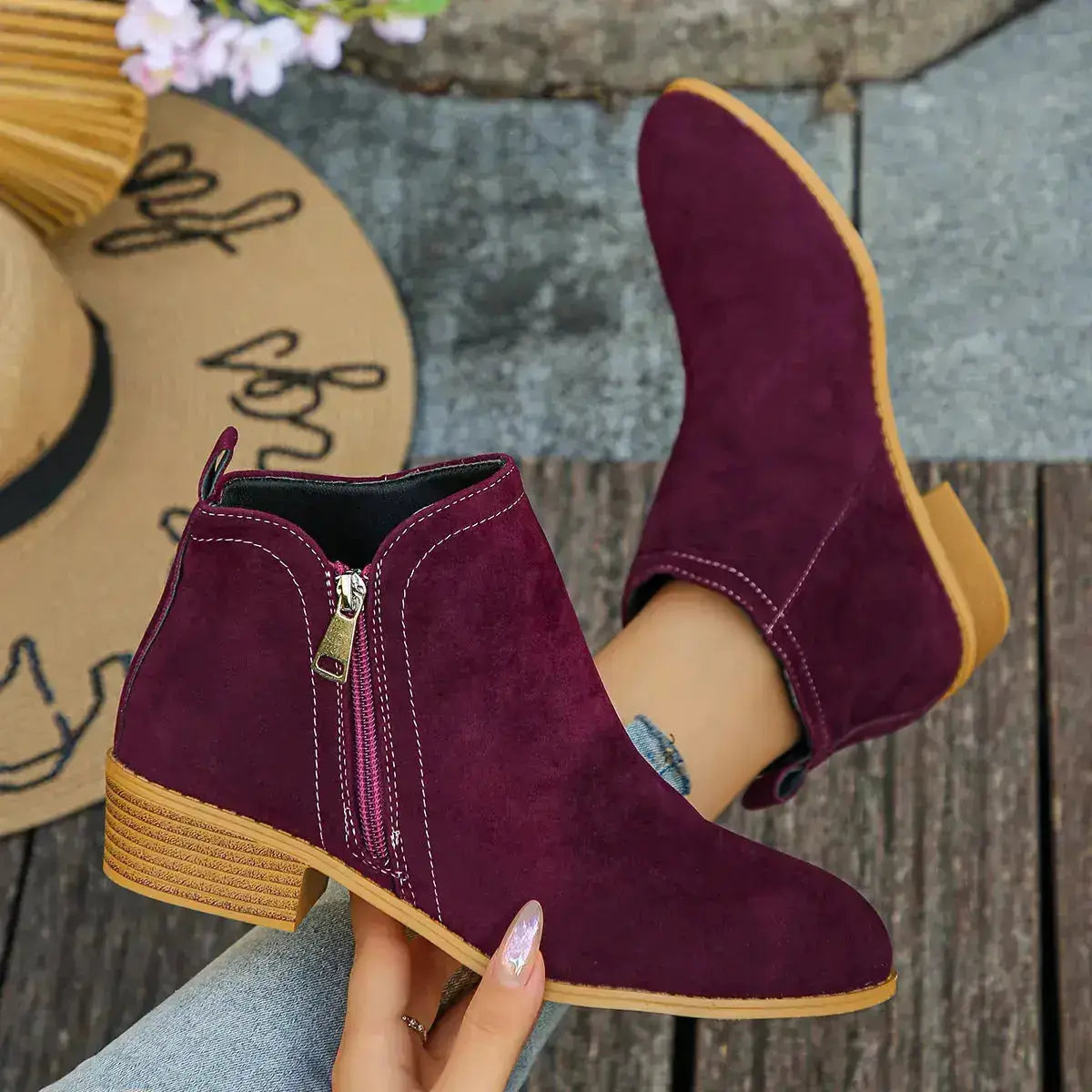 Pointed Toe Block Heel Boots in Suede by Parfymia