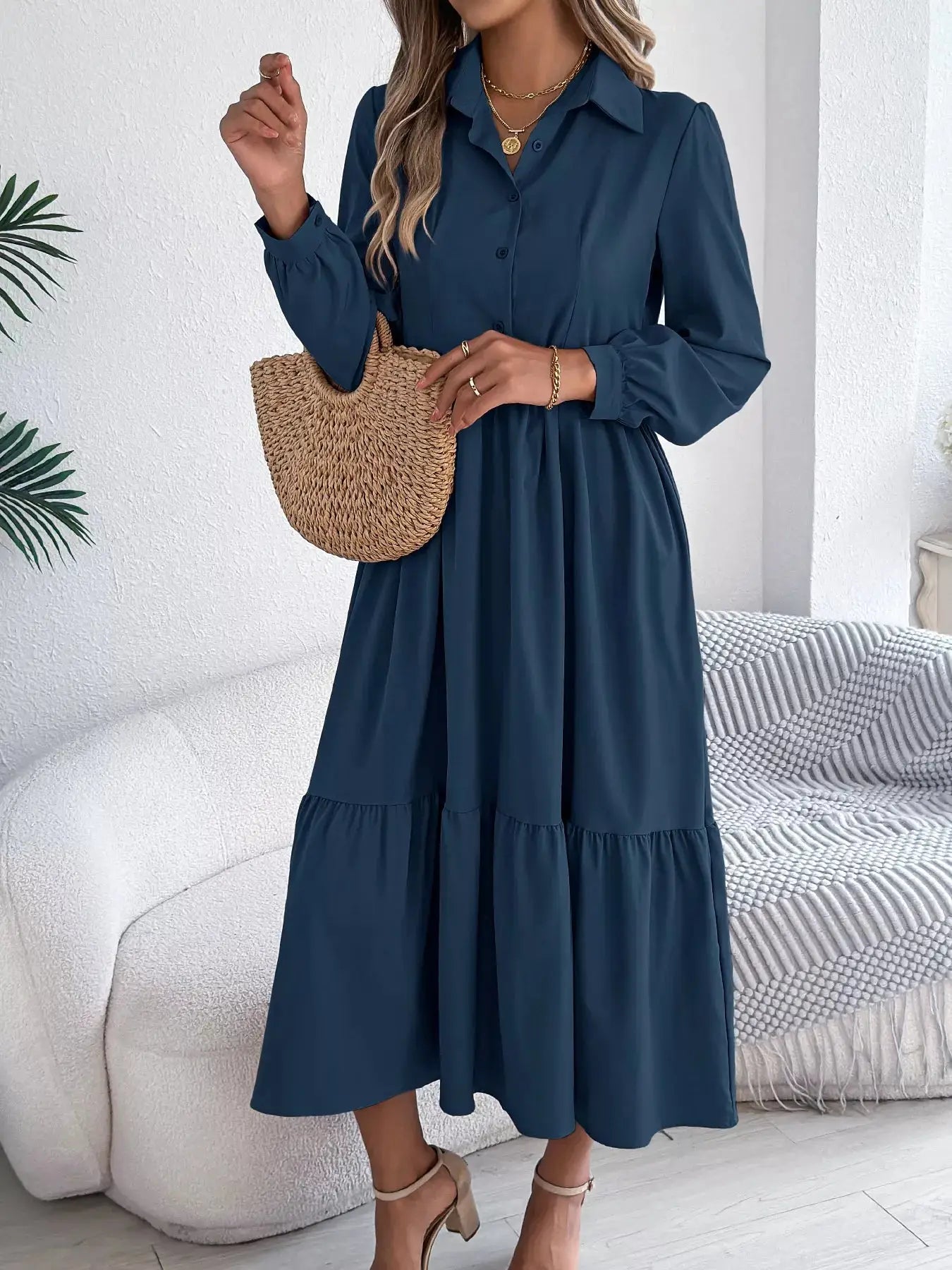 Long Sleeve Tiered Button Front Midi Dress Trendsi