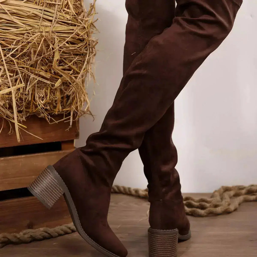 PU Leather Point Toe Block Heels Boots by Parfymia