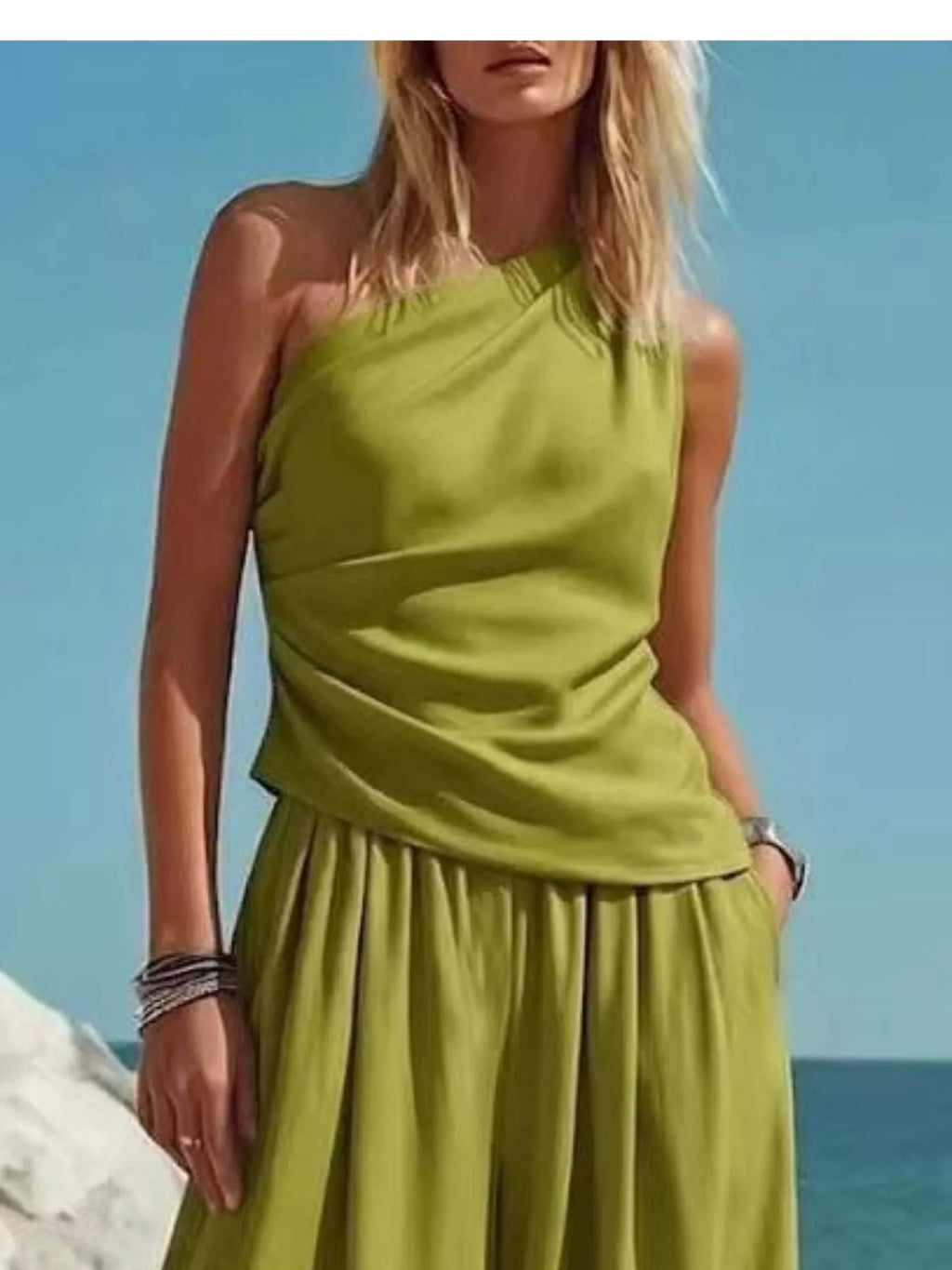 Women's Pants Set – One-Shoulder Top & Wide Leg
