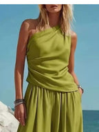 Women's Pants Set – One-Shoulder Top & Wide Leg