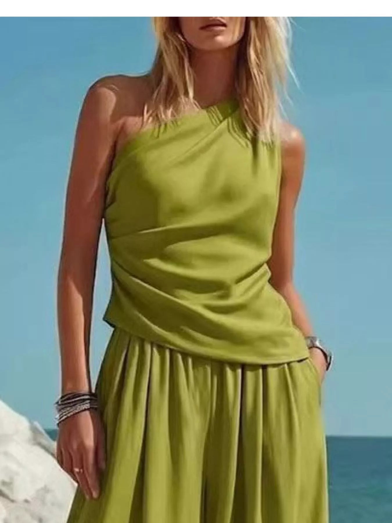Women's Pants Set – One-Shoulder Top & Wide Leg