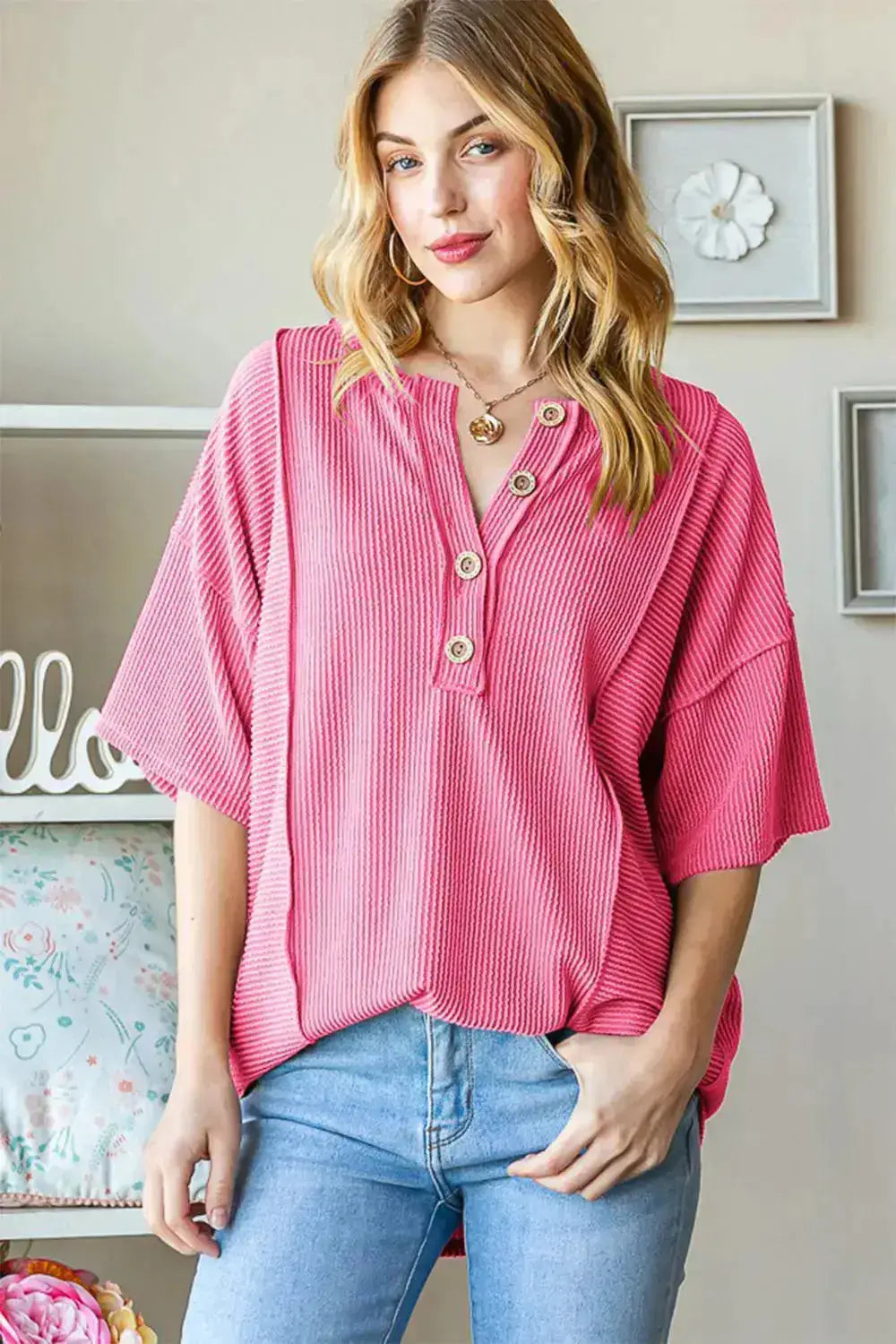 Ribbed Half Button Drop Shoulder Top by Heimish by Parfymia