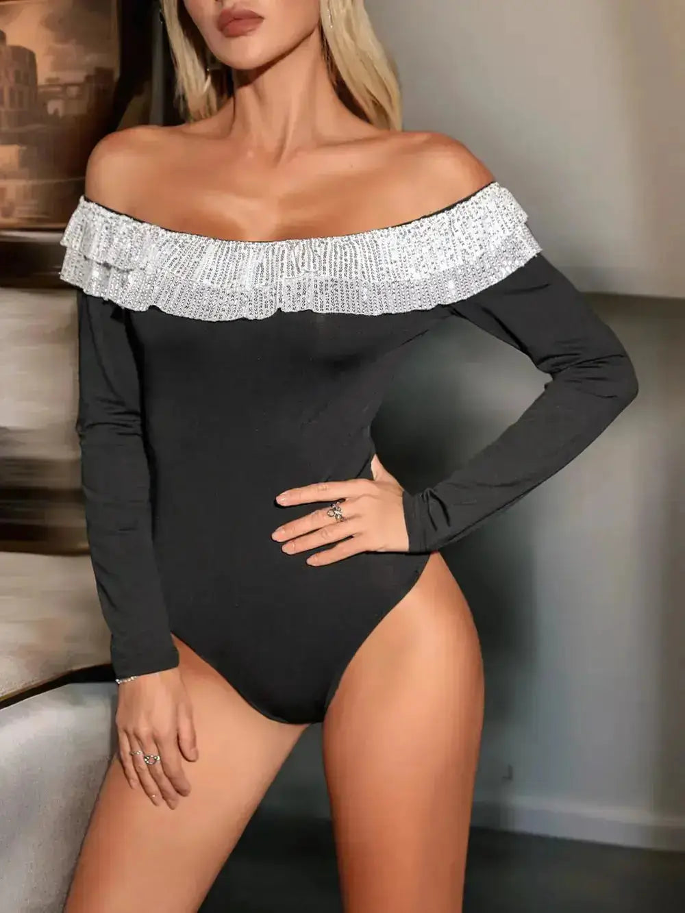 Perfee Sequin Ruffled Off-Shoulder Long Sleeve Bodysuit by Parfymia