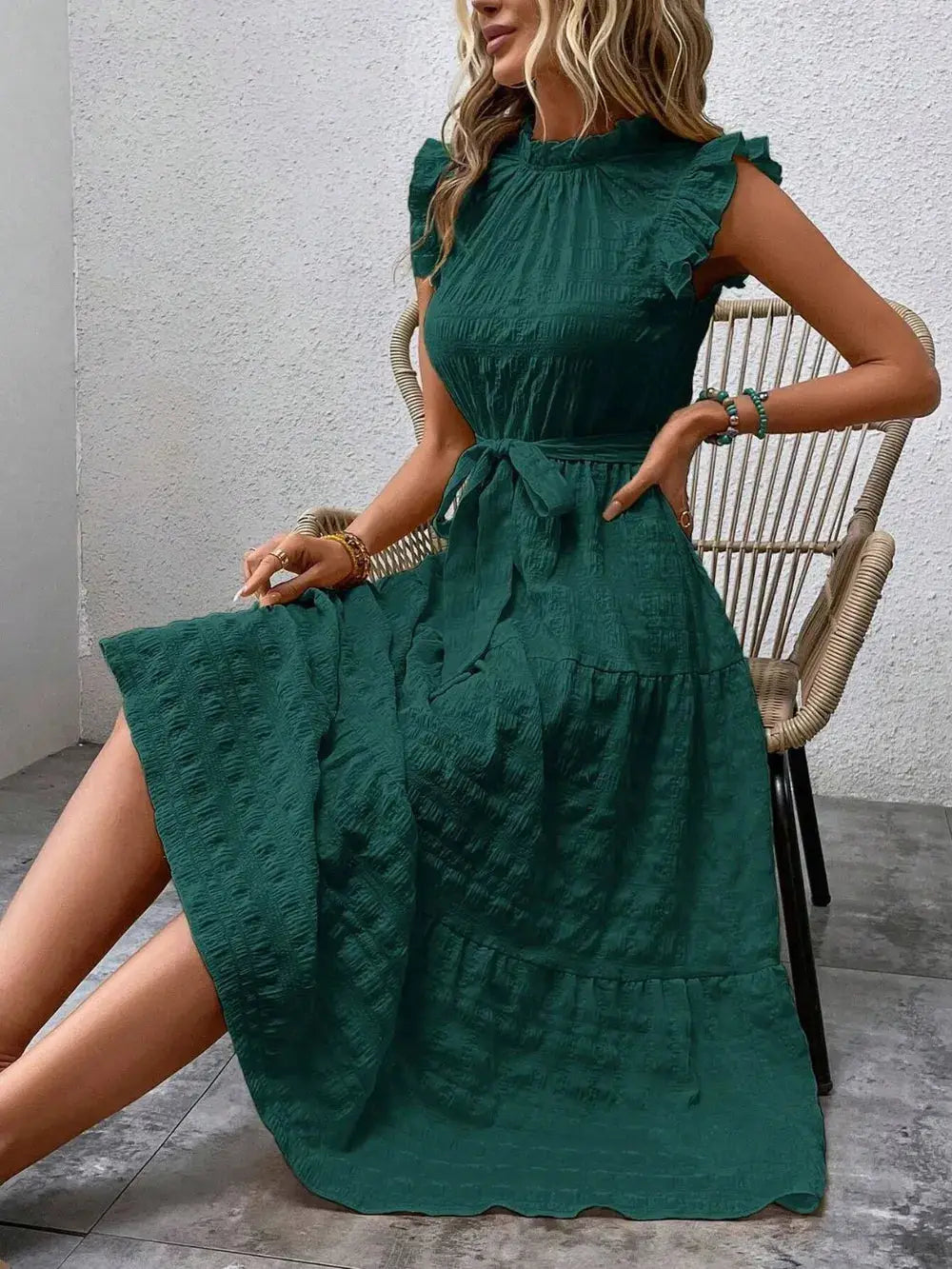 Tied Ruffled Cap Sleeve Midi Dress Trendsi