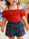 Children's Ruffled Top & Heart Embroidered Denim Shorts Set by Trendsi