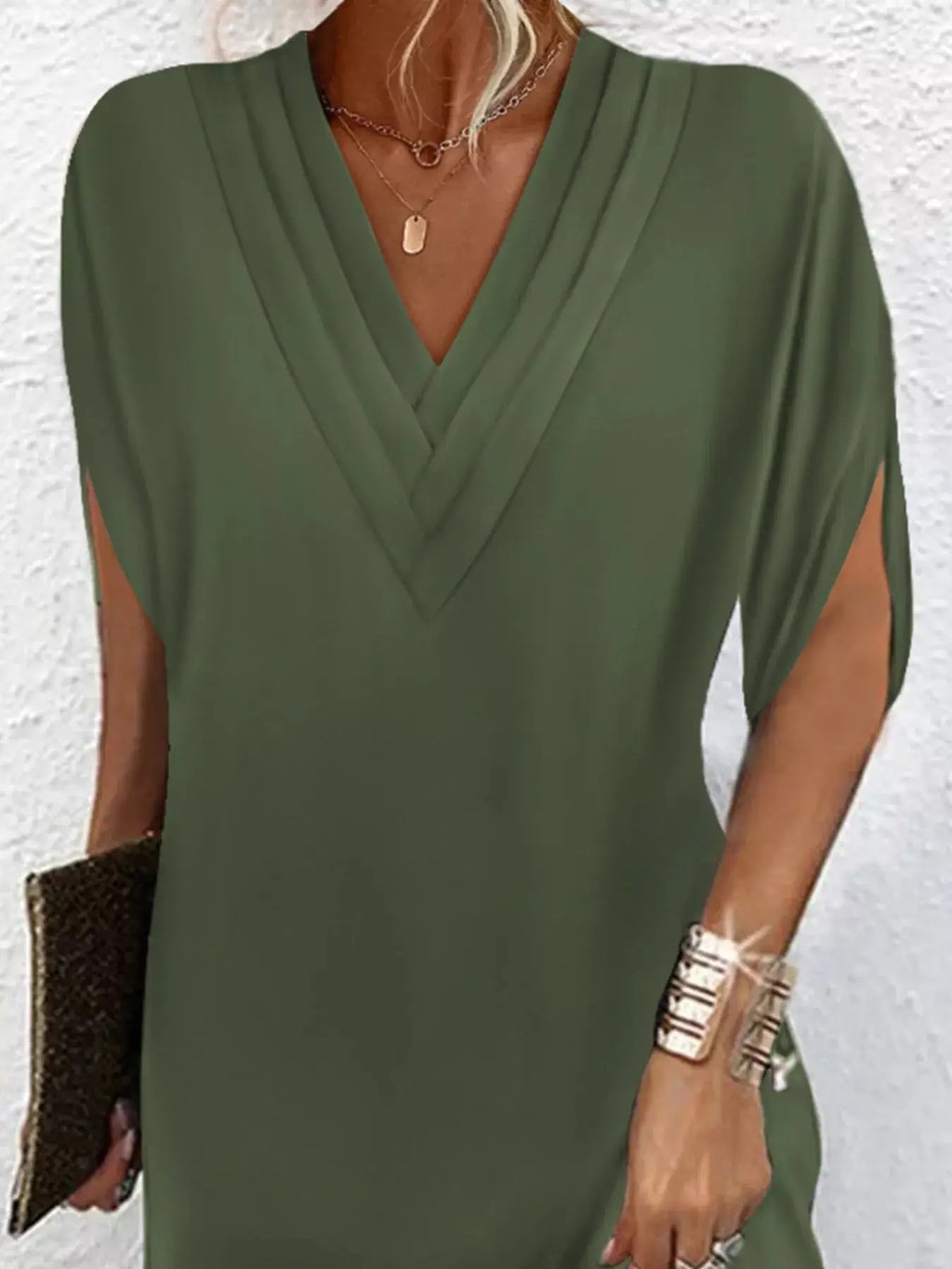 Full Size V-Neck Slit Sleeve Mini Dress Plus Size Trendsi