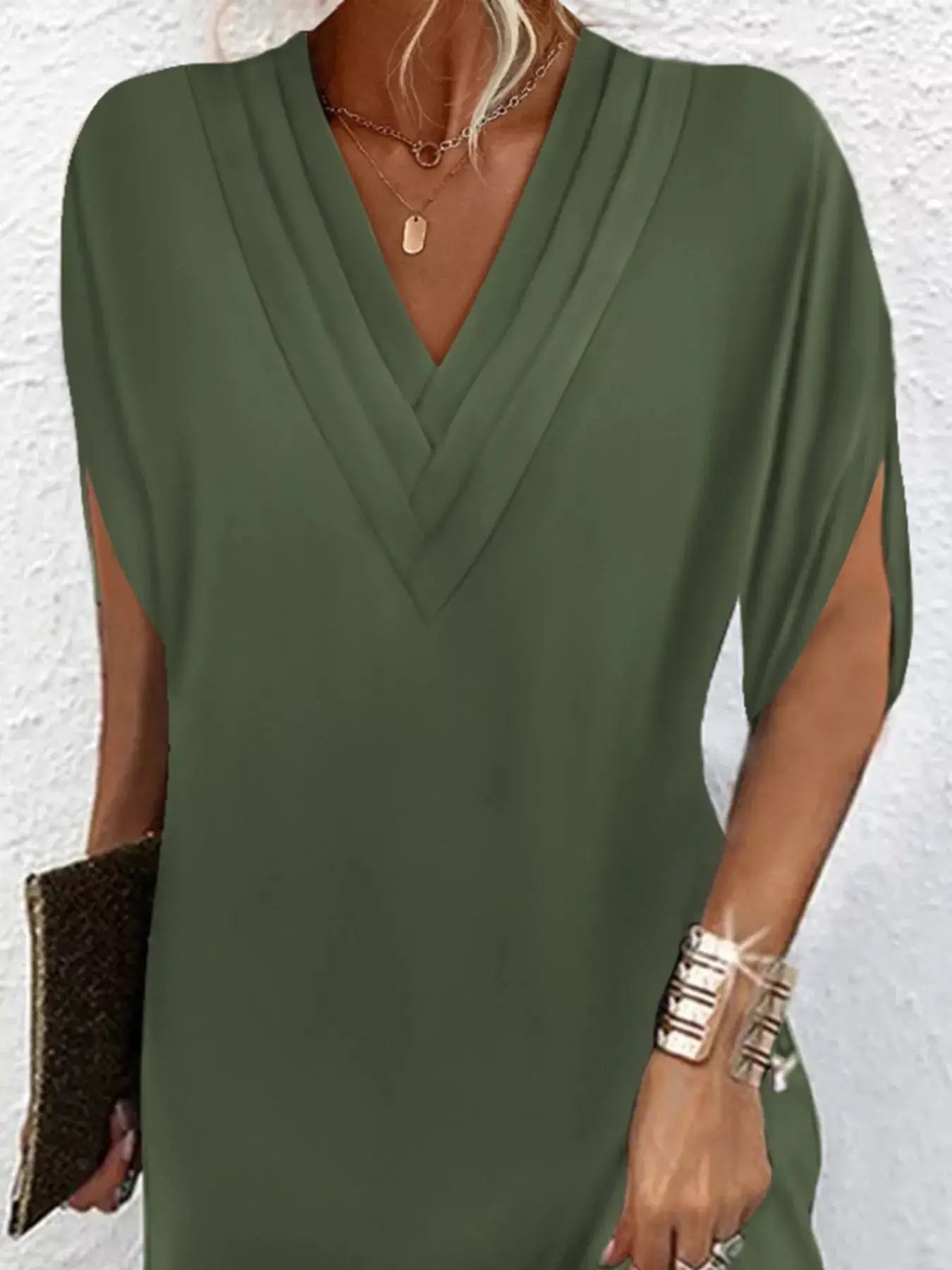 Full Size V-Neck Slit Sleeve Mini Dress Plus Size Trendsi
