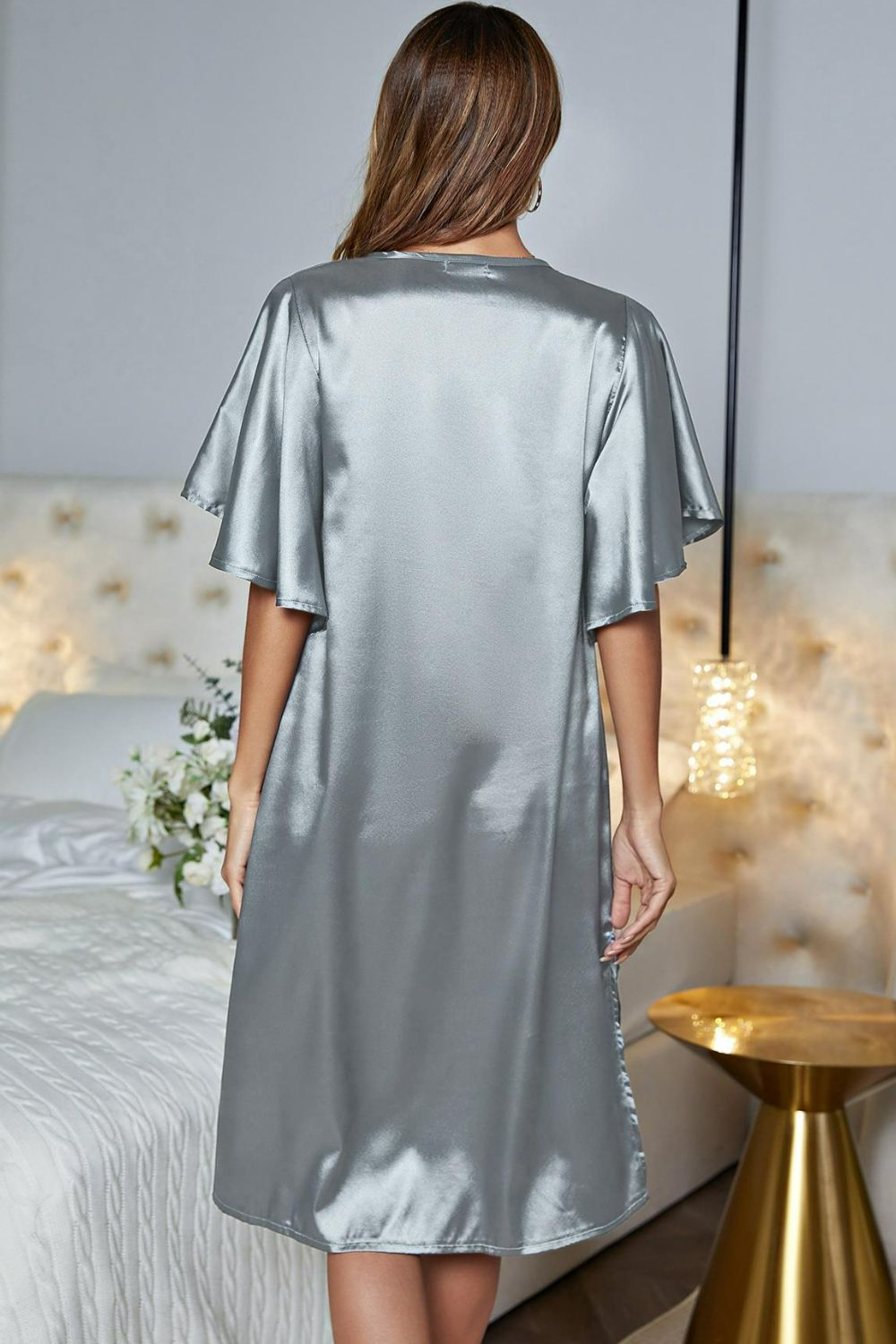 Women's Satin V-Neck Night Dress with Flutter Sleeves