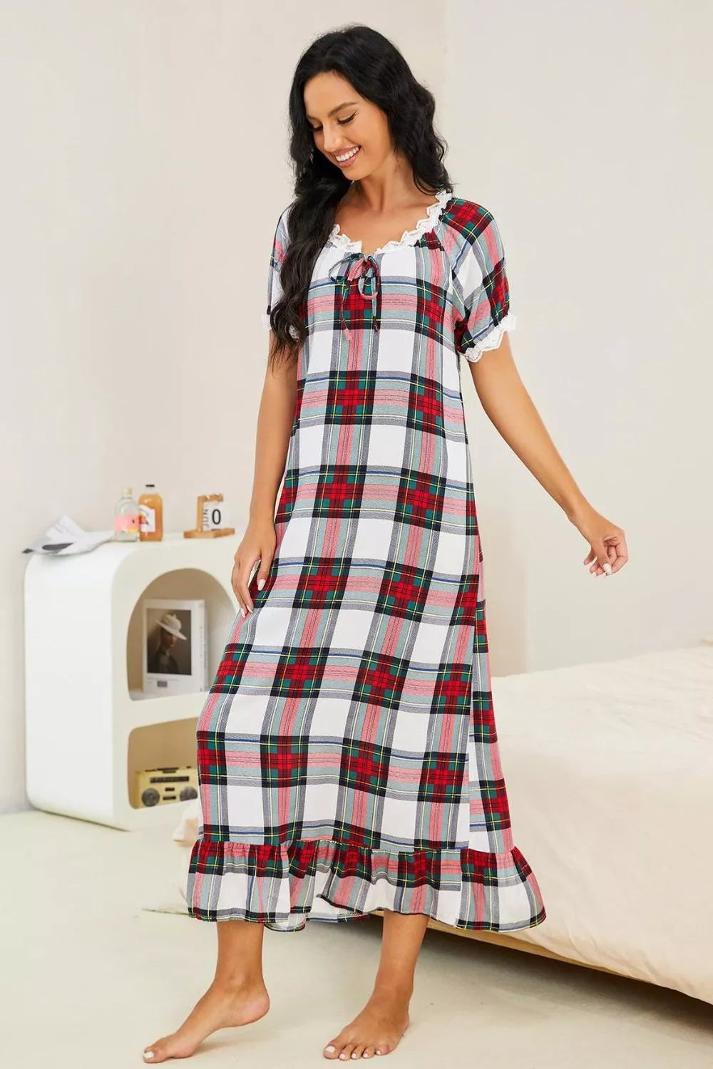 Women's Plaid Night Dress with Lace Trim