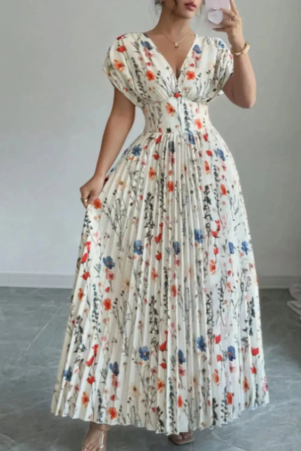 Floral Print Pleated Maxi Dress Trendsi