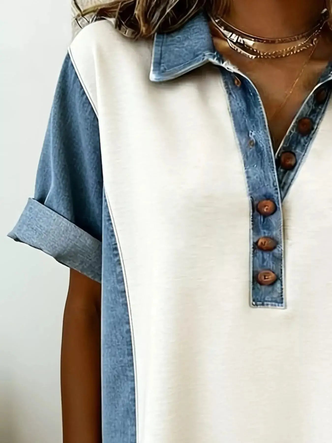 Denim Patchwork Button Front Mini Dress Trendsi