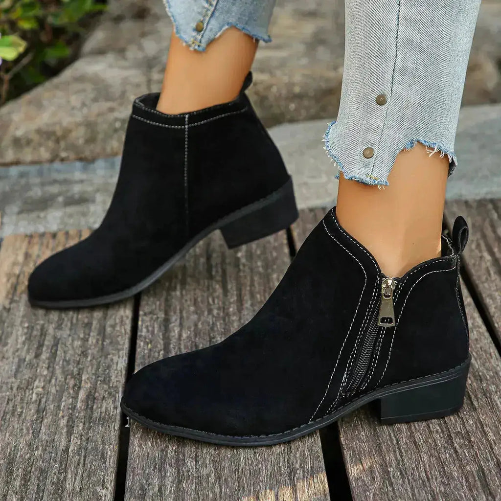 Pointed Toe Block Heel Boots in Suede by Parfymia