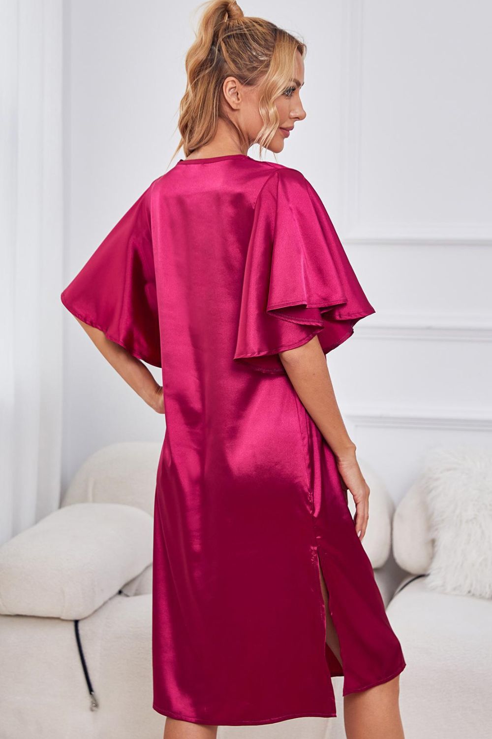 Women's Satin V-Neck Night Dress with Flutter Sleeves
