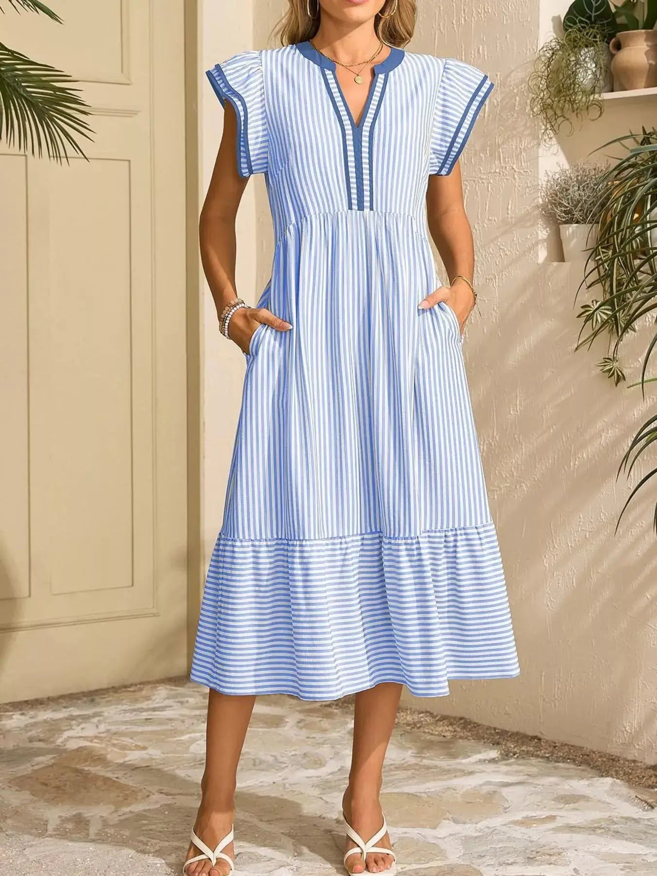 Striped Notched Ruffle Sleeve Dress Trendsi