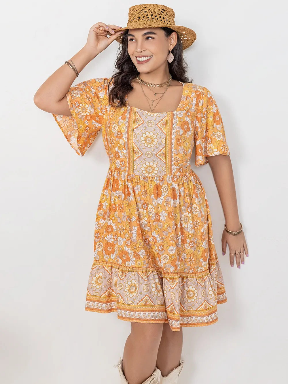 Women's Plus Size Printed Square Neck Dress