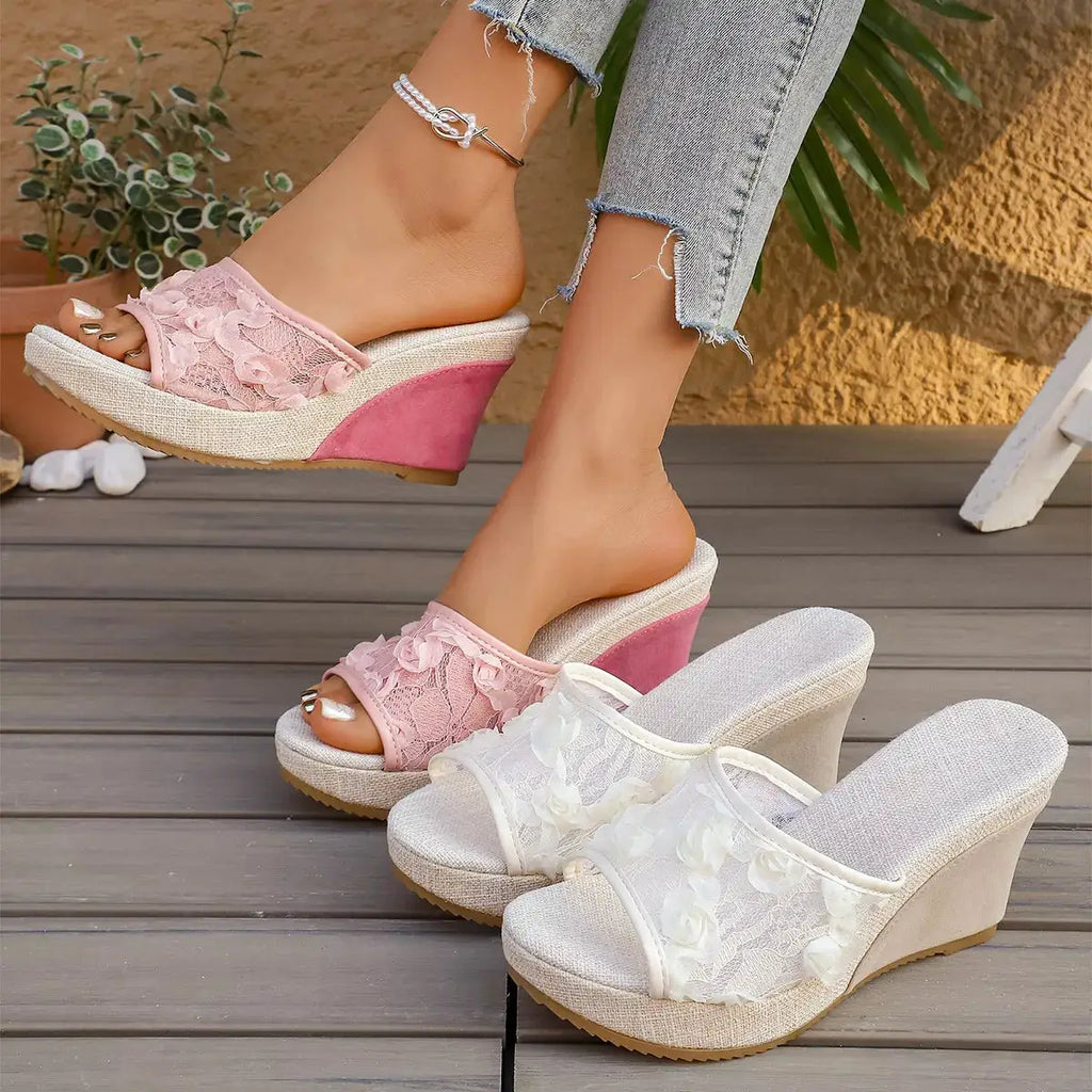 Trendsi Open Toe Lace Wedge Sandals With Floral Detailing — Parfymia