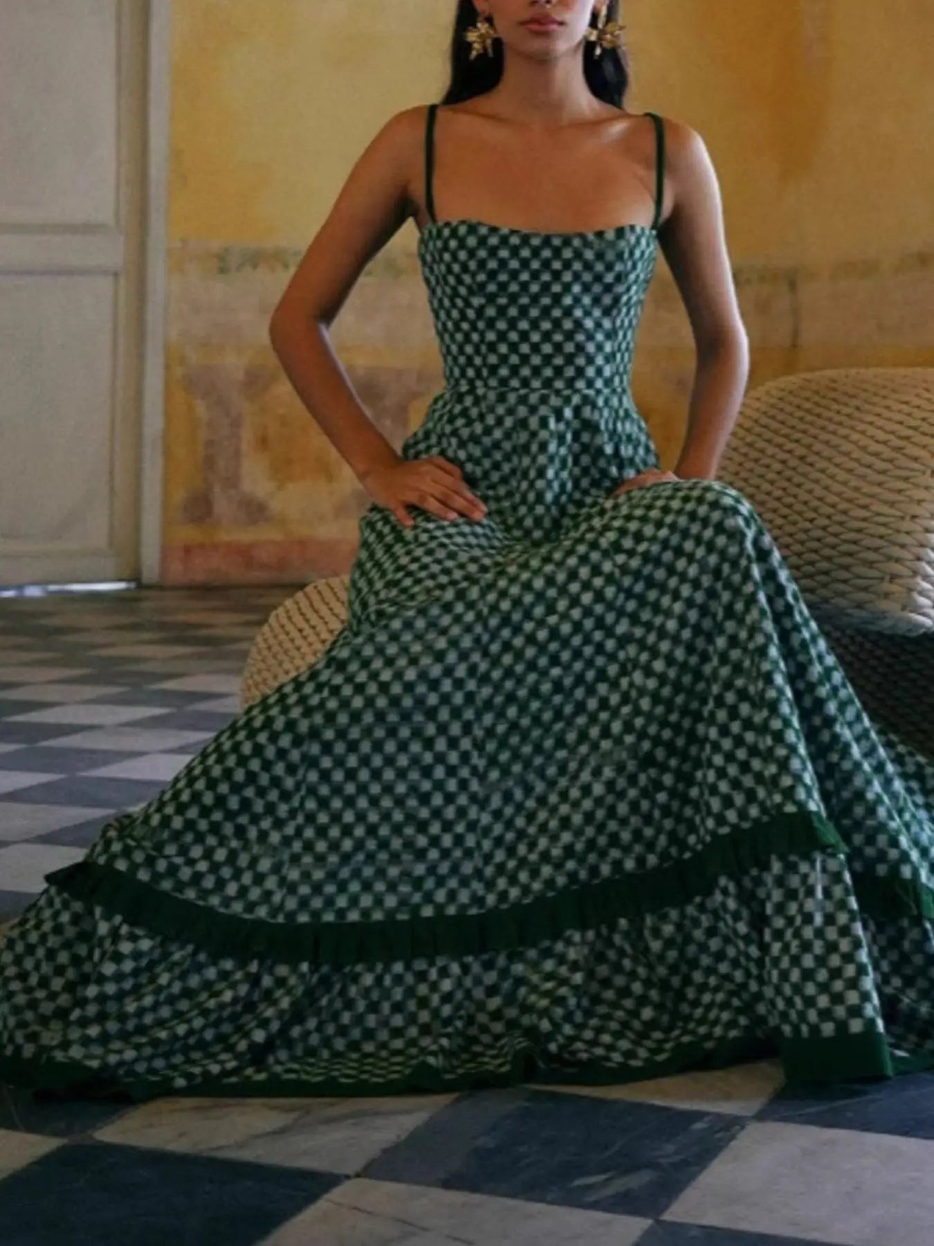 Checkered Spaghetti Strap Maxi Dress Trendsi