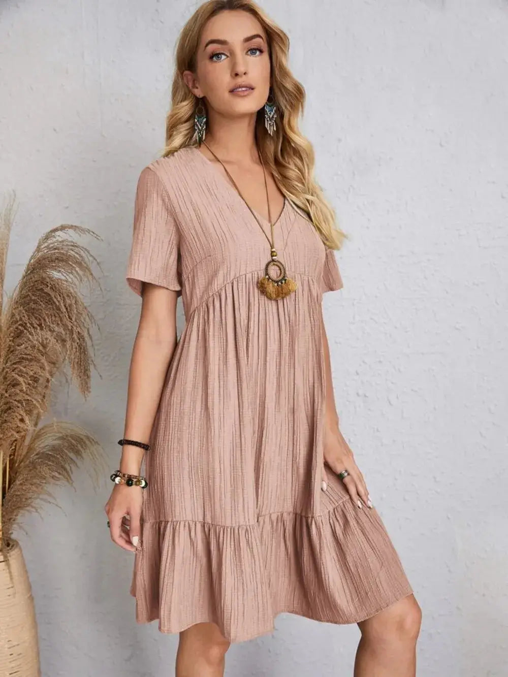 Full Size V-Neck Short Sleeve Dress Trendsi