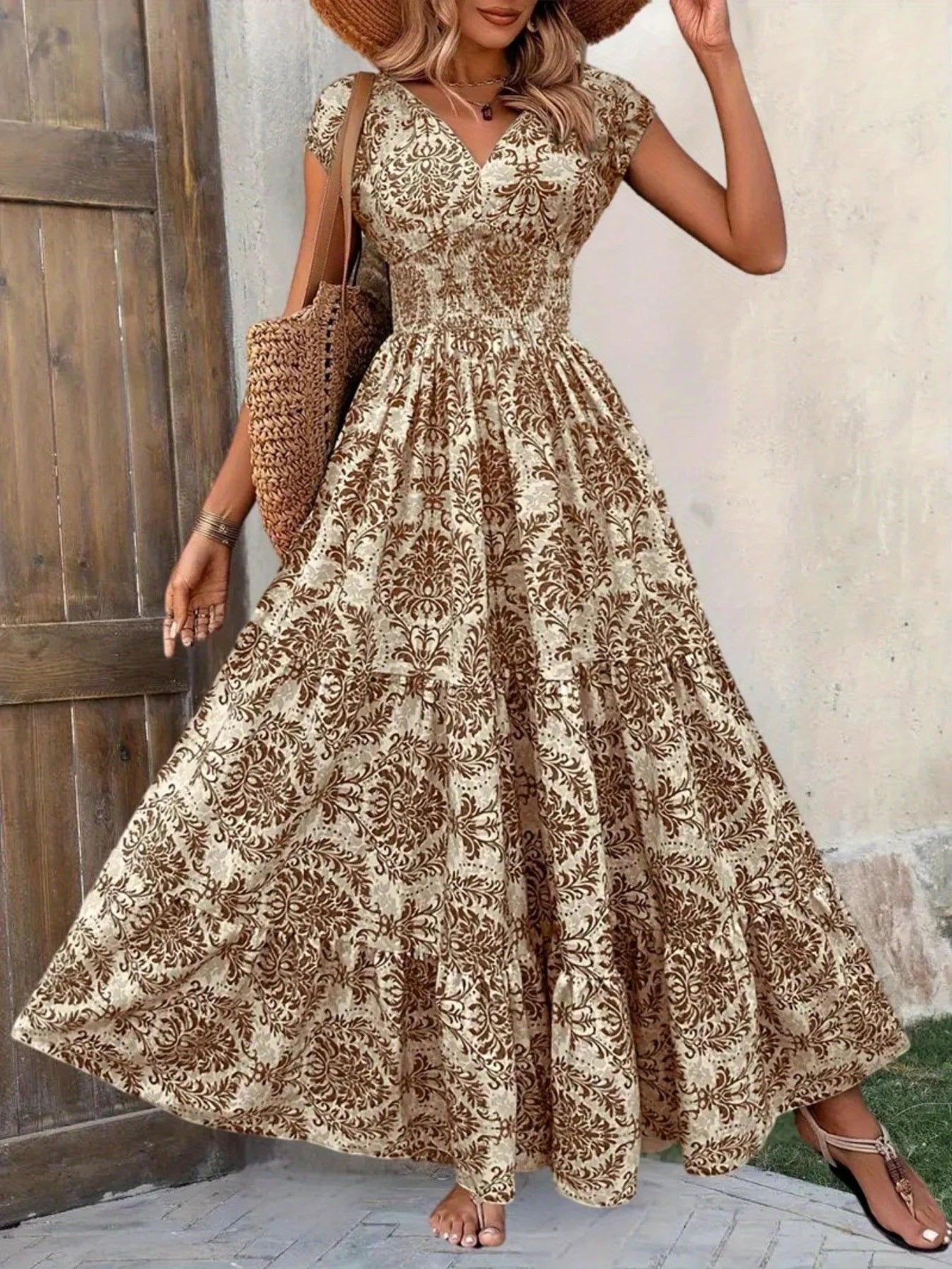 Printed Cap Sleeve Maxi Dress Trendsi