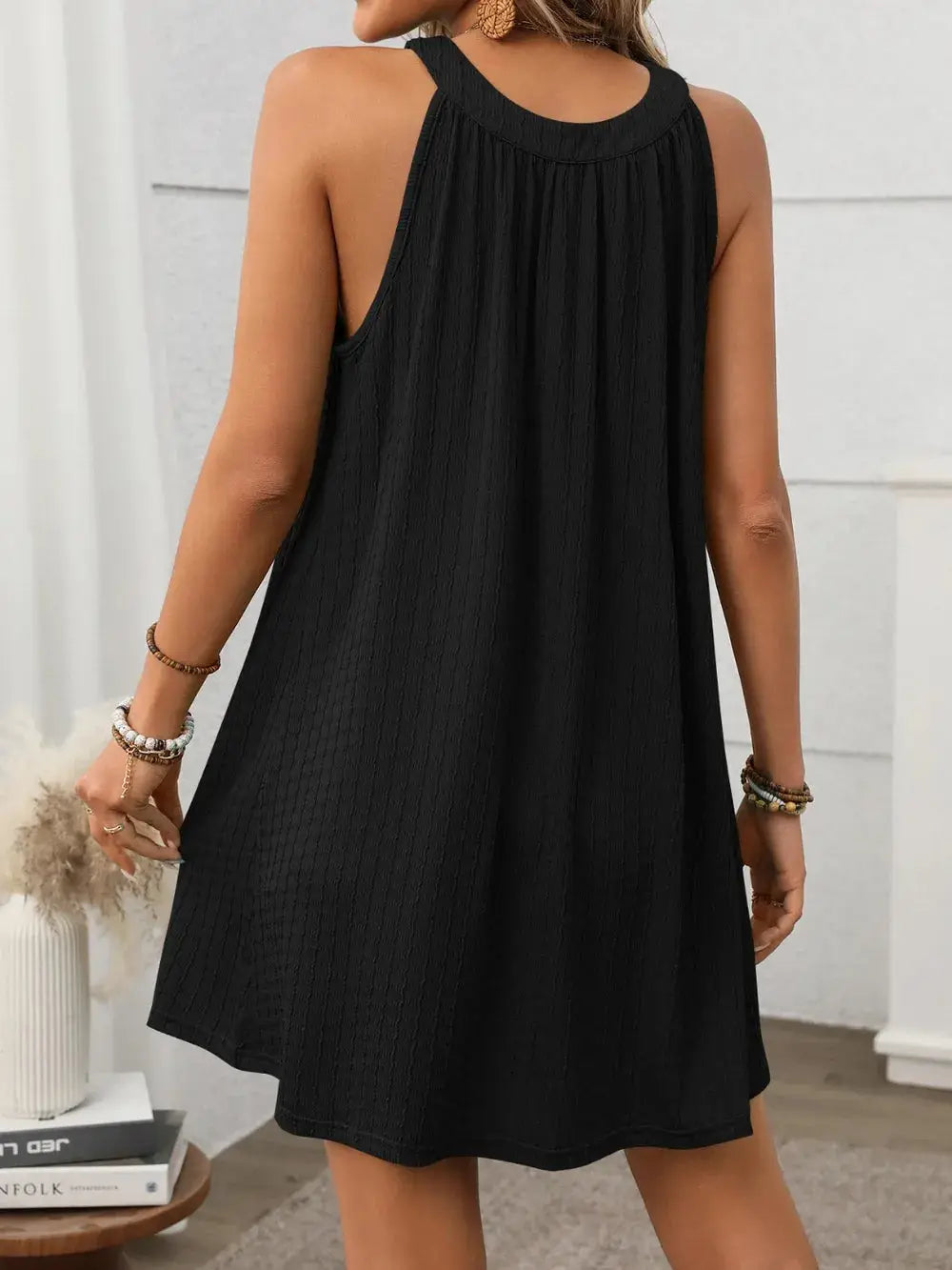 Textured Grecian Neck Mini Dress Trendsi