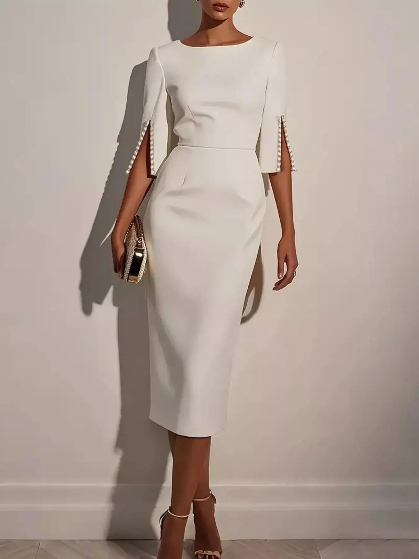 Slim-Fit Elegant Midi Dress with Beaded Slit Sleeve Trendsi