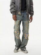 Men's Distressed Plaid Patch Wide Leg Jeans
