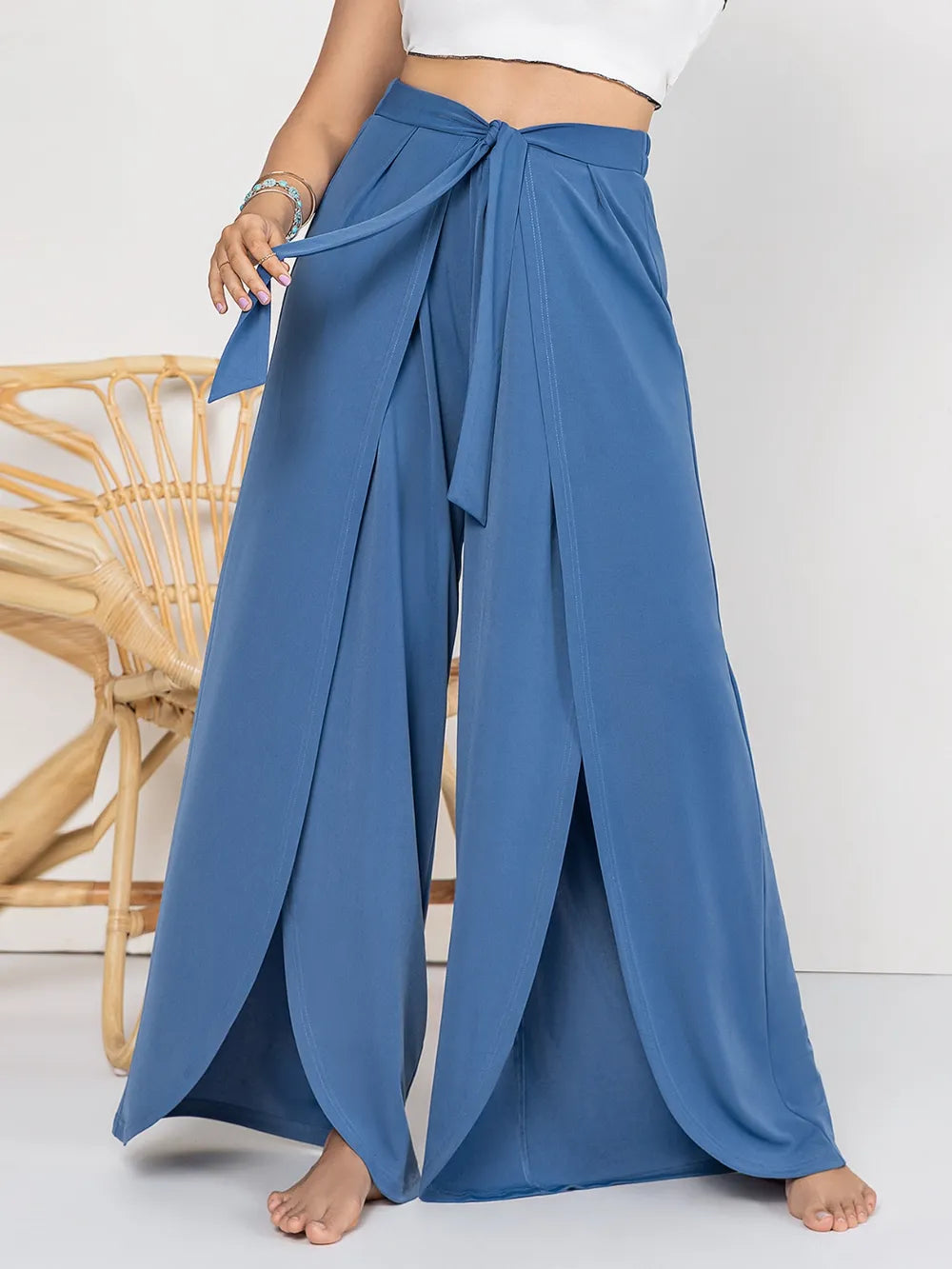 Women's Plus Size Wide Leg Pants with Tied Slit