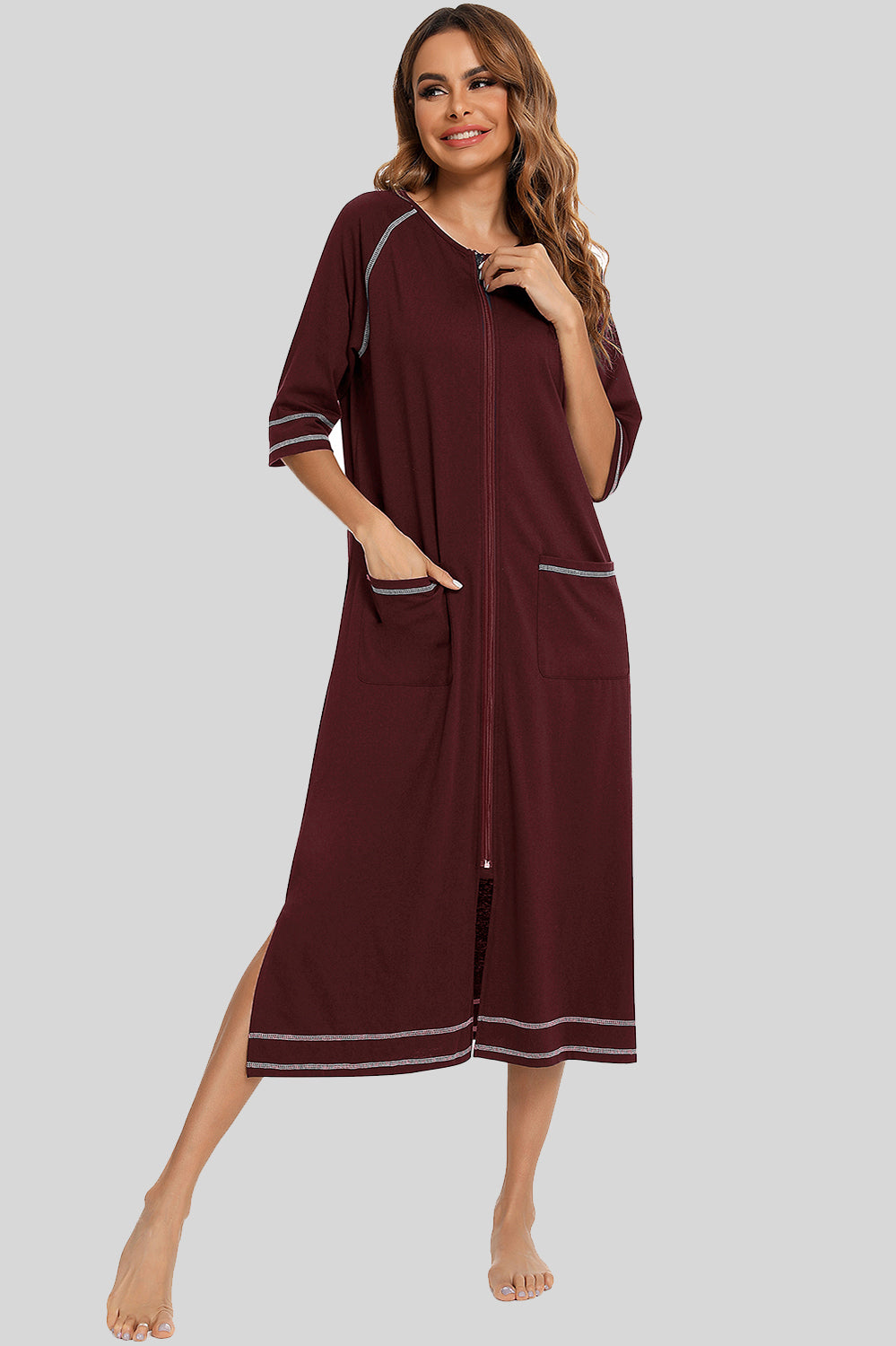 Women's Night Dress with Zip Front & Pockets