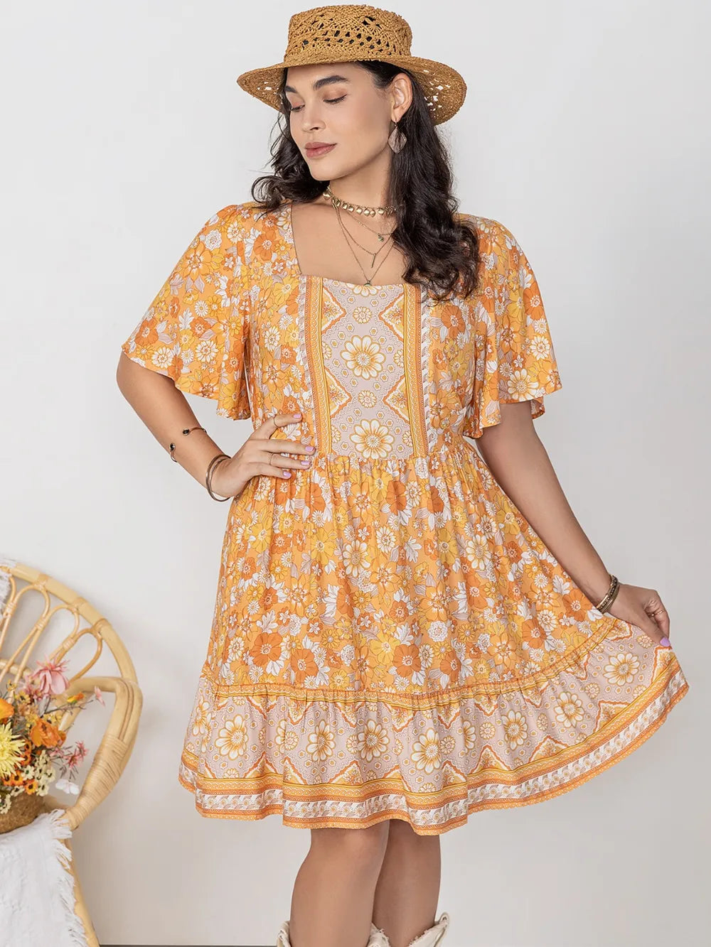 Women's Plus Size Printed Square Neck Dress