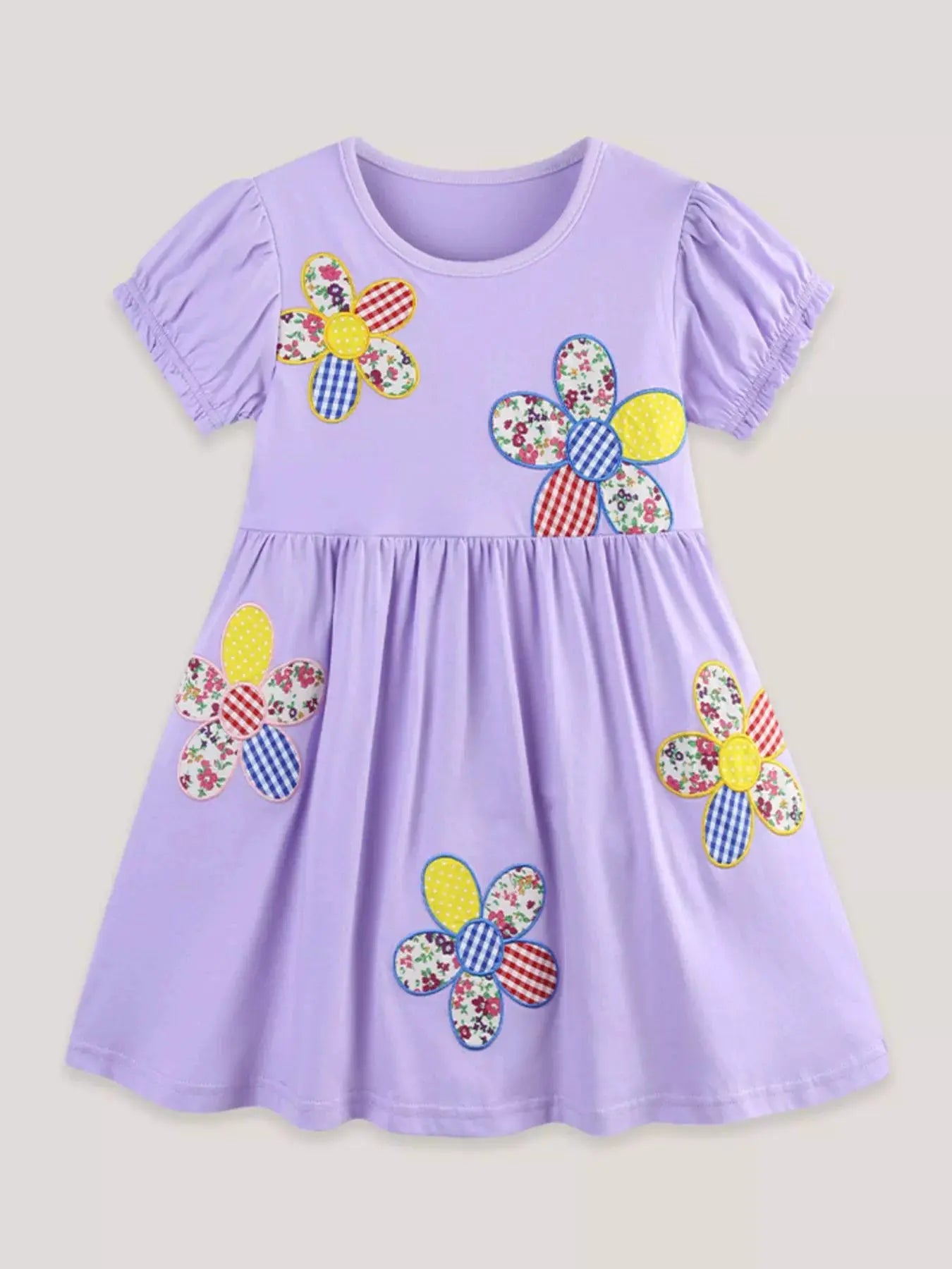 Lavender Floral Patchwork Puff Sleeve Casual Dress For Girls — Parfymia