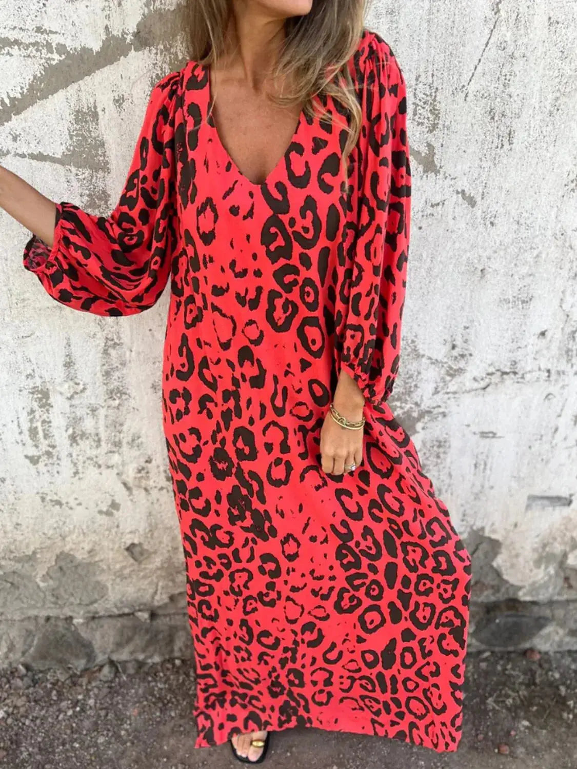 Full Size Printed V-Neck Dress with Pockets Plus Size Trendsi
