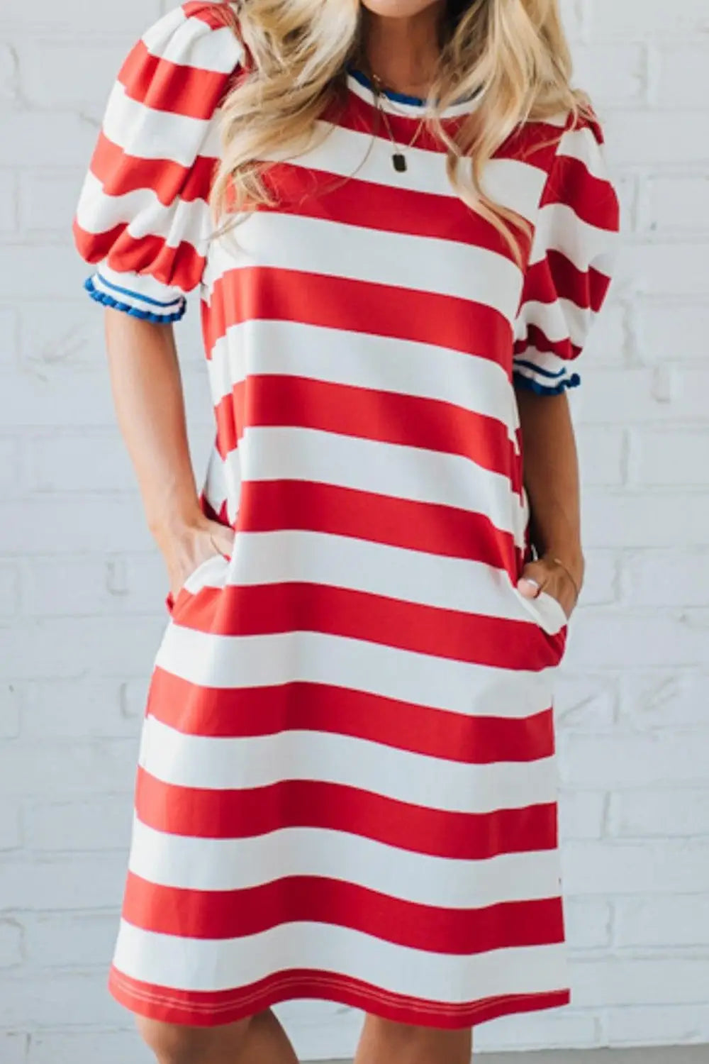 Striped Puff Sleeve Casual Mini Dress Trendsi