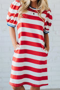 Striped Puff Sleeve Casual Mini Dress Trendsi