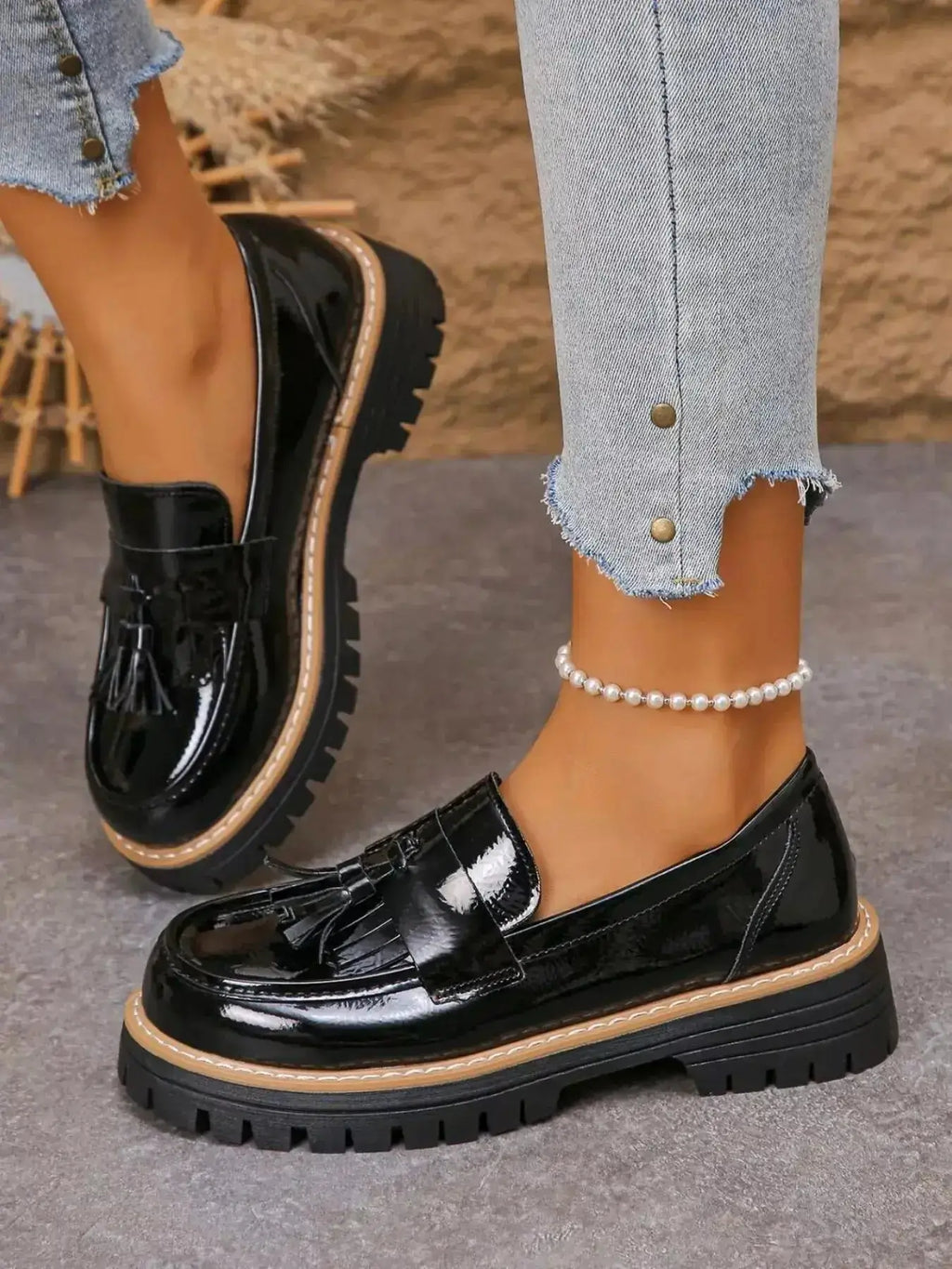 PU Leather Tassel Round Toe Platform Loafers by Parfymia