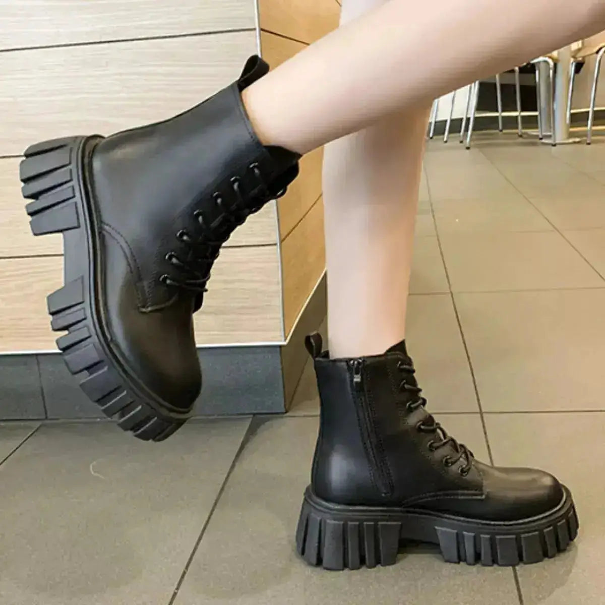 PU Leather Chunky Heel Lace-Up Boots by Parfymia