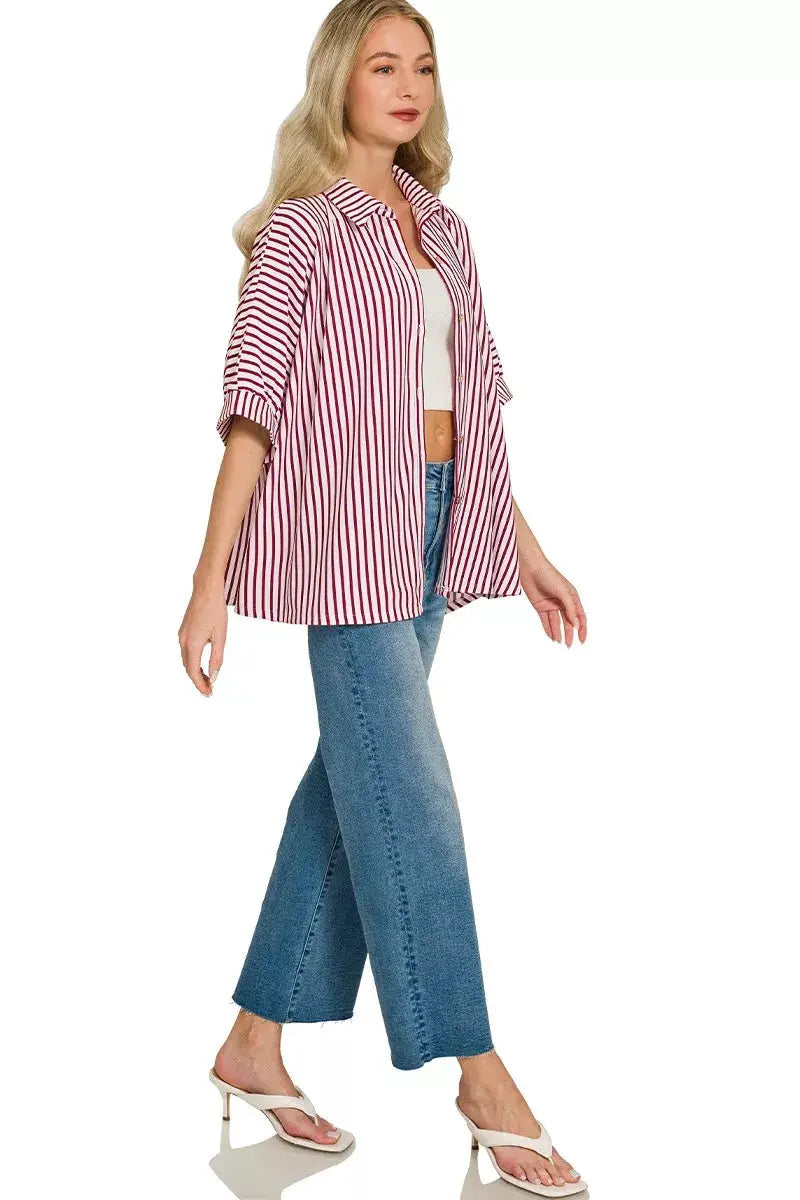 Zenana Oversized Stripe Button Down Shirt by Trendsi