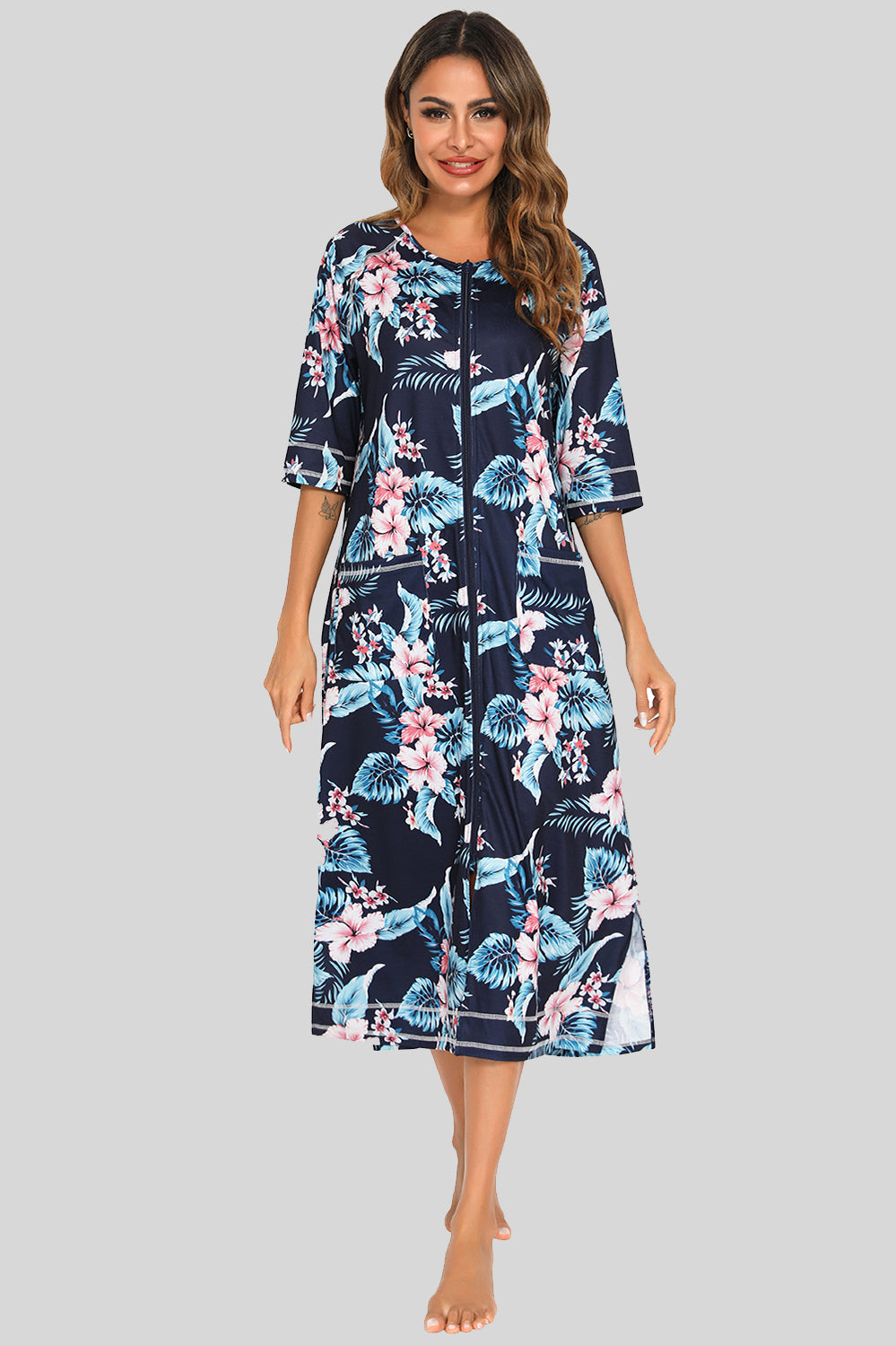 Women's Printed Slit Night Dress with Pockets