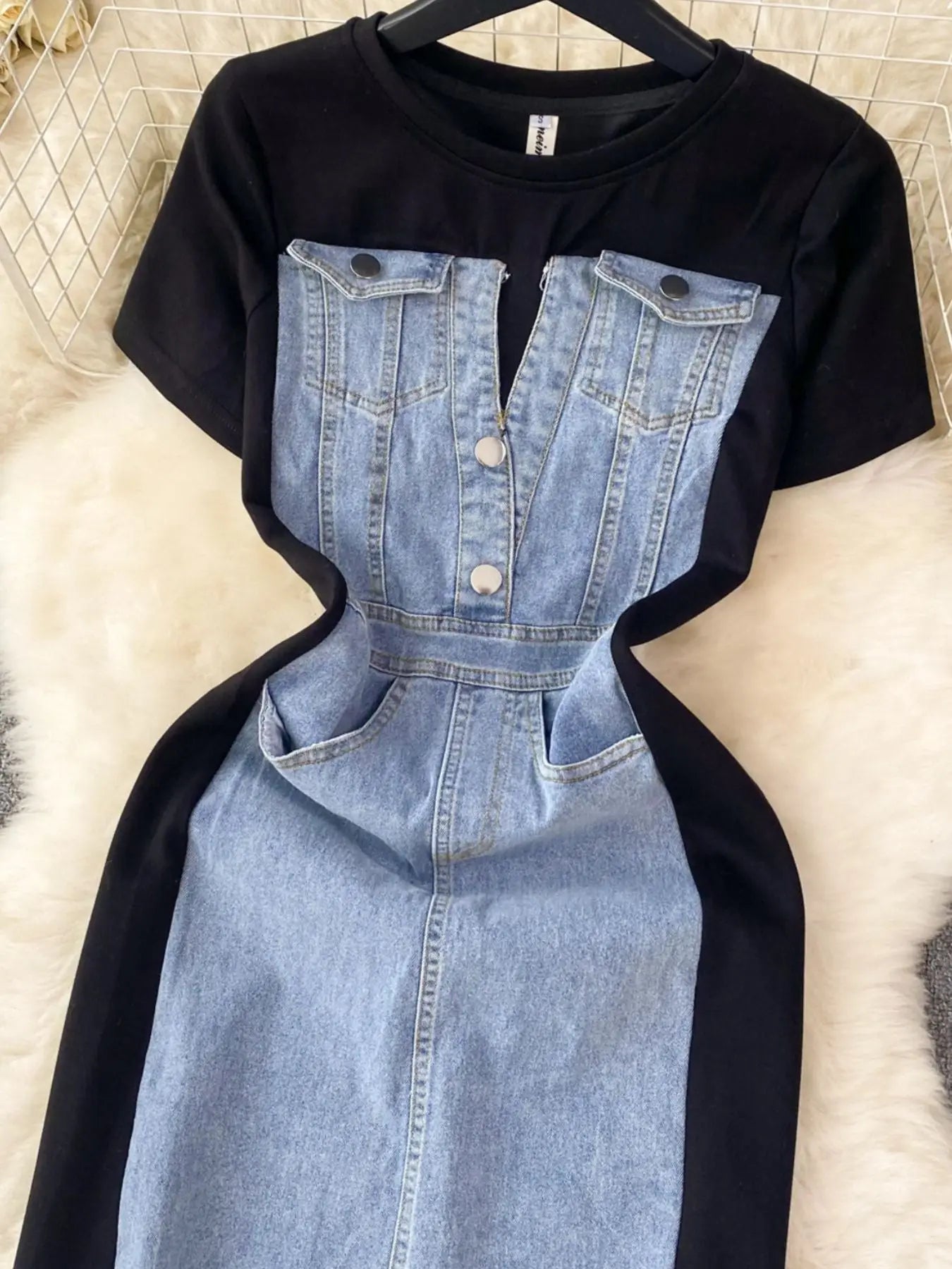 Full Size Denim Patchwork Short Sleeve Slit Back Dress Plus Size Trendsi