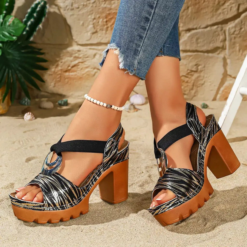 Zebra Print Open Toe Block Heel Sandals PU Leather For Women — Parfymia