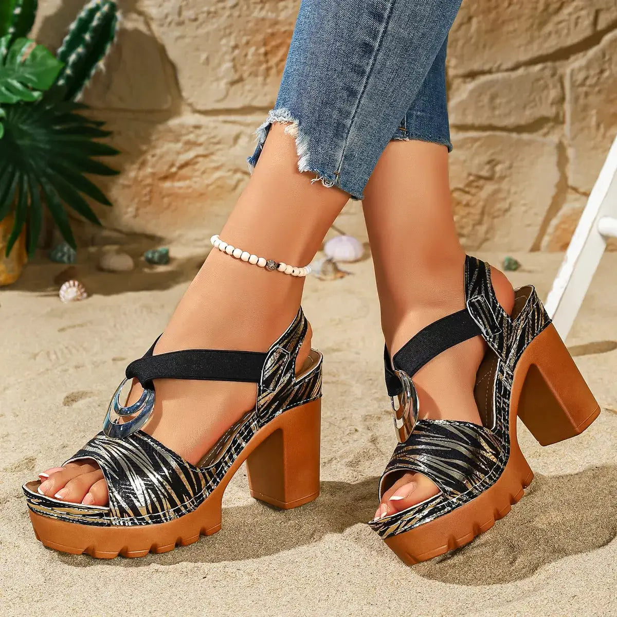 Zebra Print Open Toe Block Heel Sandals PU Leather For Women — Parfymia