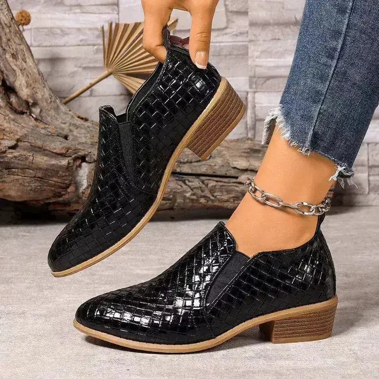 PU Leather Point Toe Block Heels Ankle Boots by Parfymia
