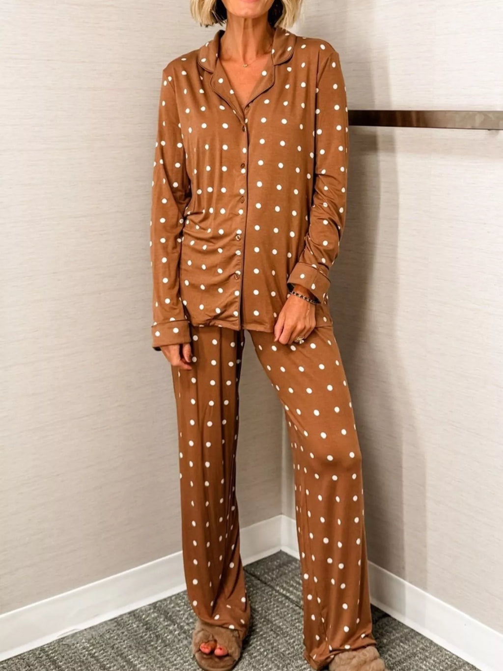 Women's Polka Dot Button-Down Loungewear Set