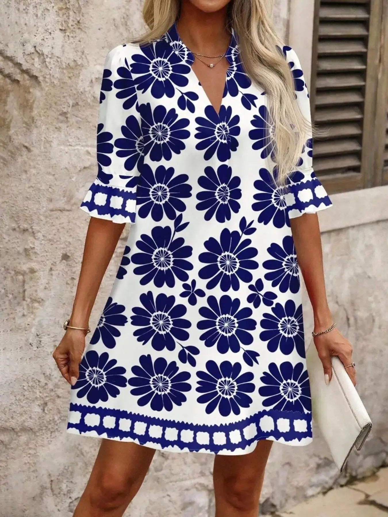 Floral Print Notched Ruffle Sleeve Mini Dress Trendsi