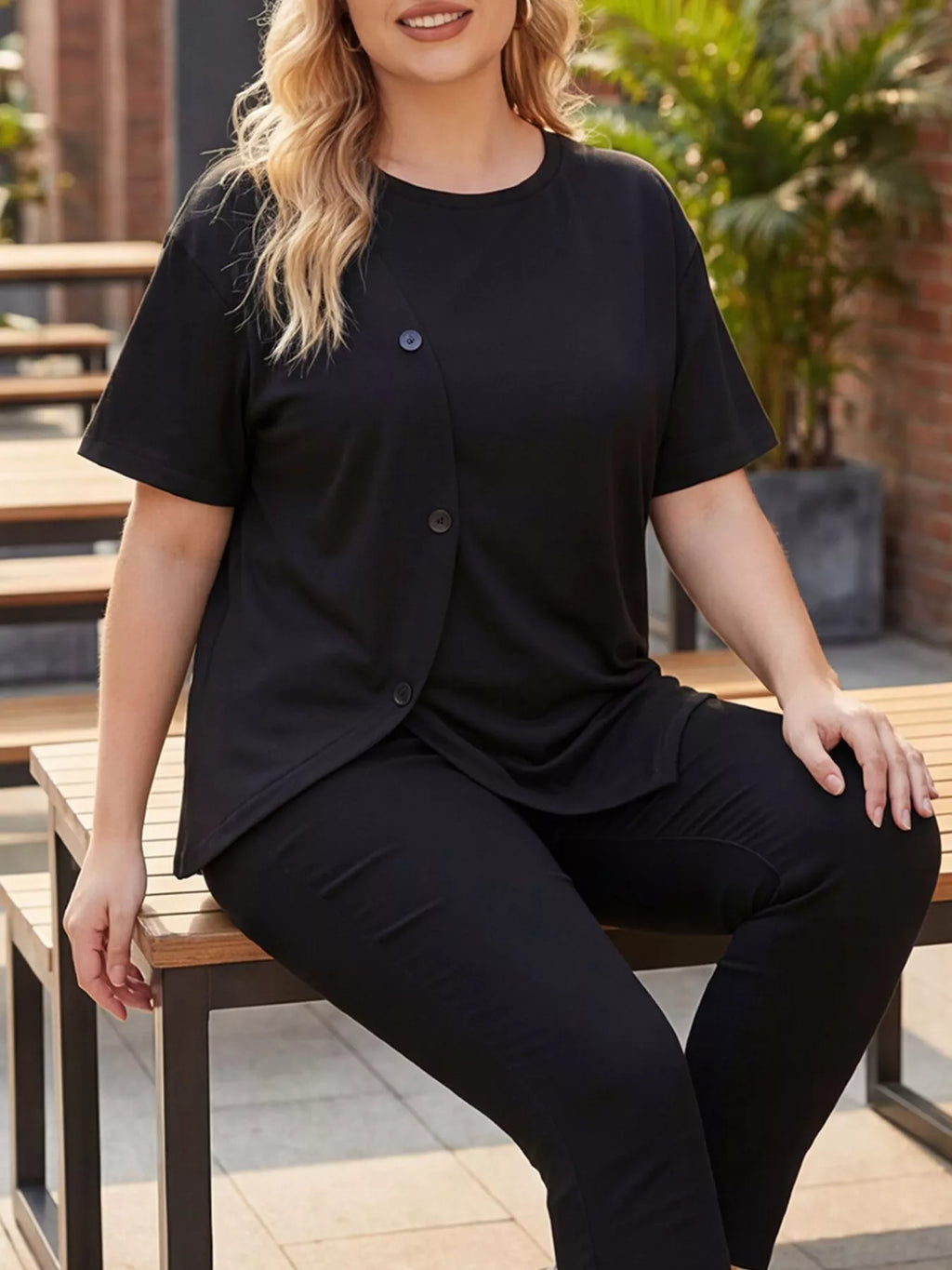 Women's Plus Size Asymmetrical Button T-Shirt
